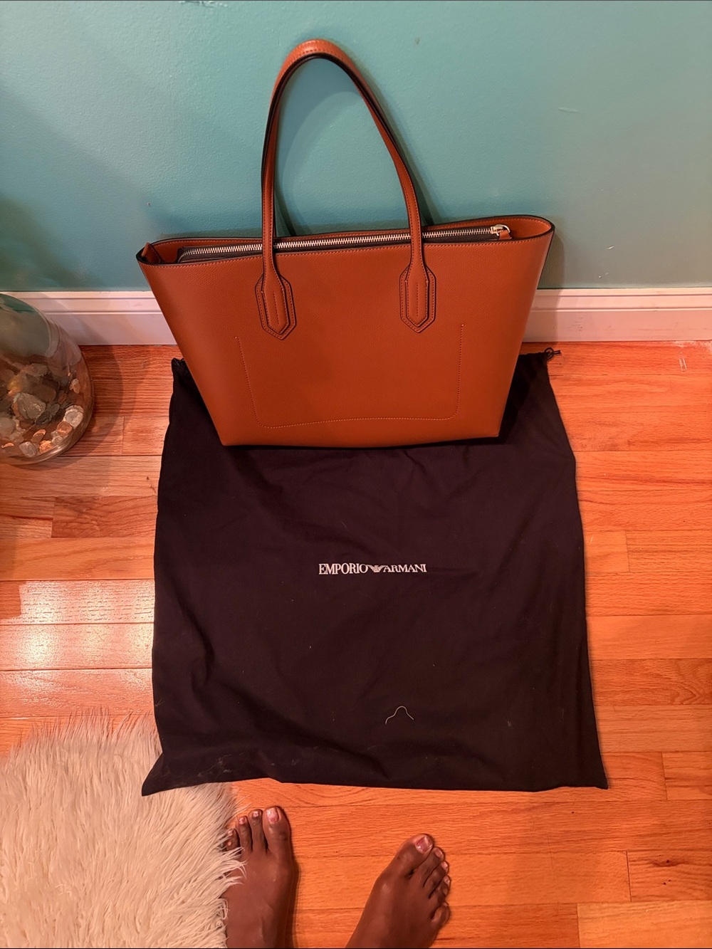 Emporio Armani Cognac Leather Tote with Top Zip